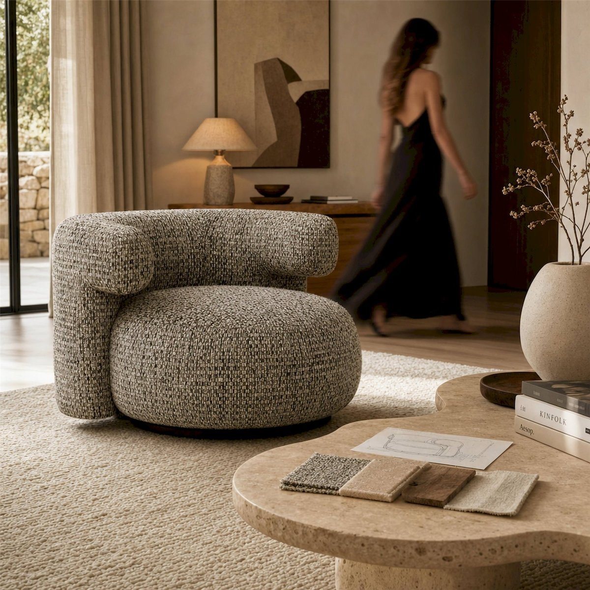 Fauteuil lounge pivotant tissu structuré cobblestone, RECOLLECTION