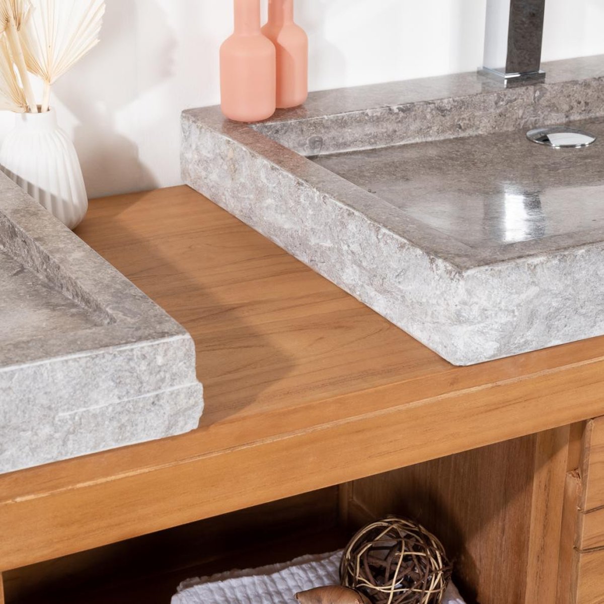 Meuble sous vasques en teck massif rectangle + 2 vasques 160cm COSY gris, WANDA COLLECTION