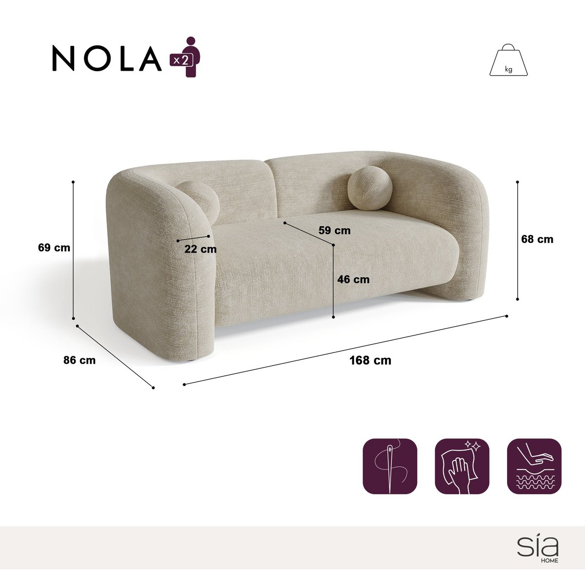 Canapé 2 places en velours à motifs NOLA kaki, SIA HOME