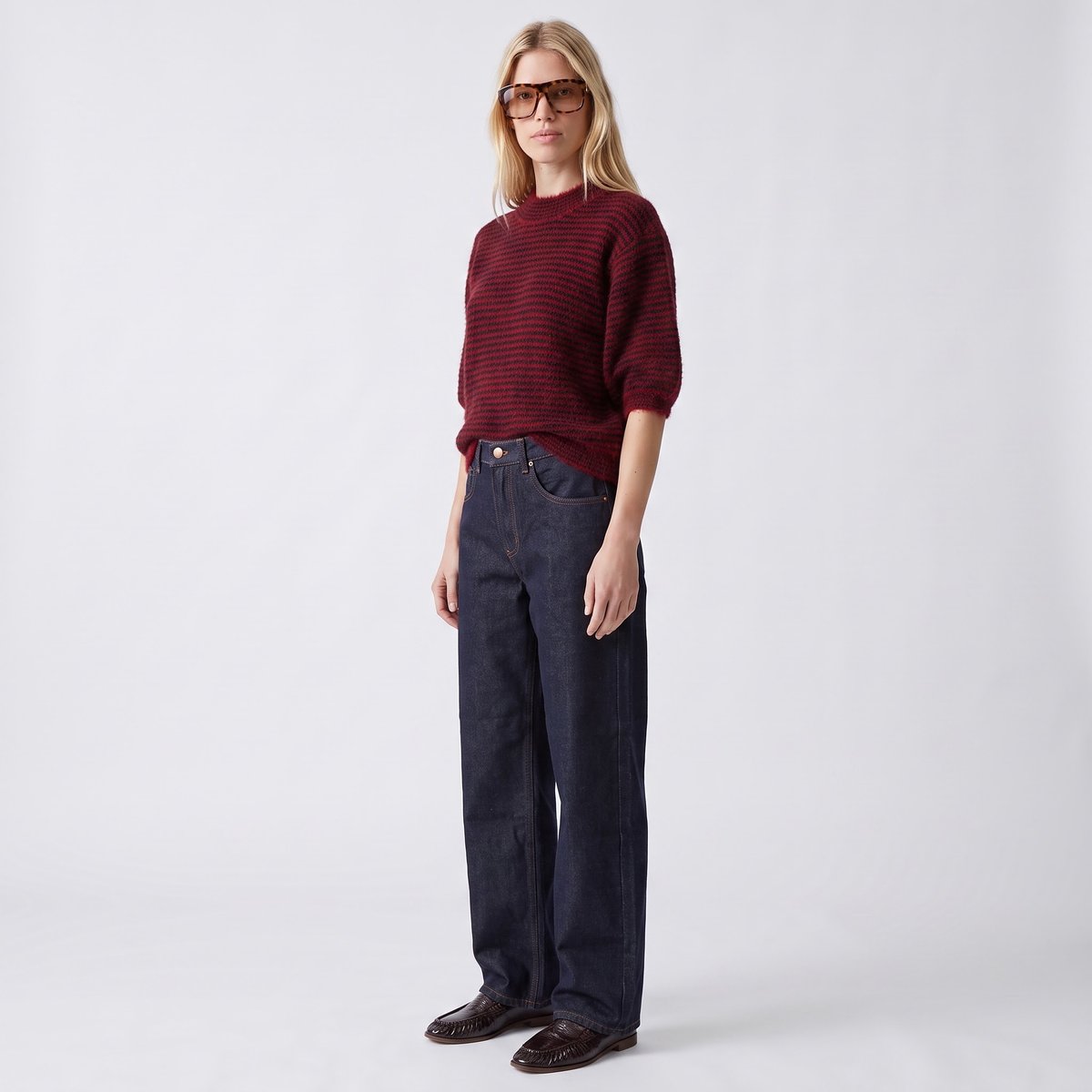 Pull femme manches ballon chiné rayé MARERIE red, ARTLOVE