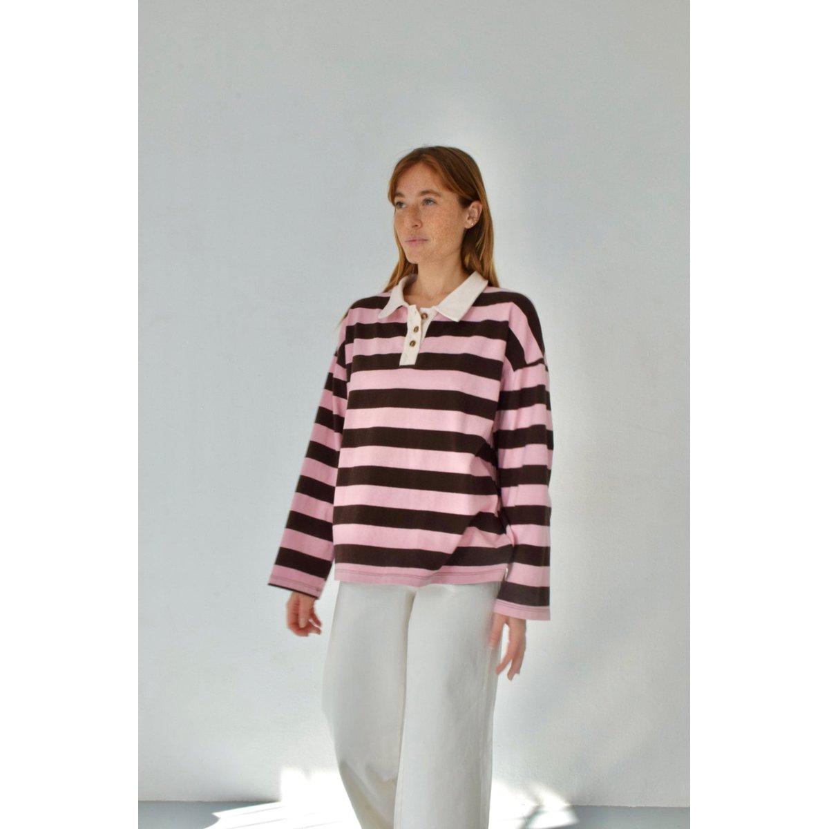 Polo rayé manches longues FILIPA marron / rose, MINDTRAVELER