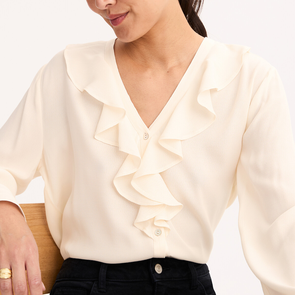 Blouse col V à volants manches longues ecru, ANNE WEYBURN