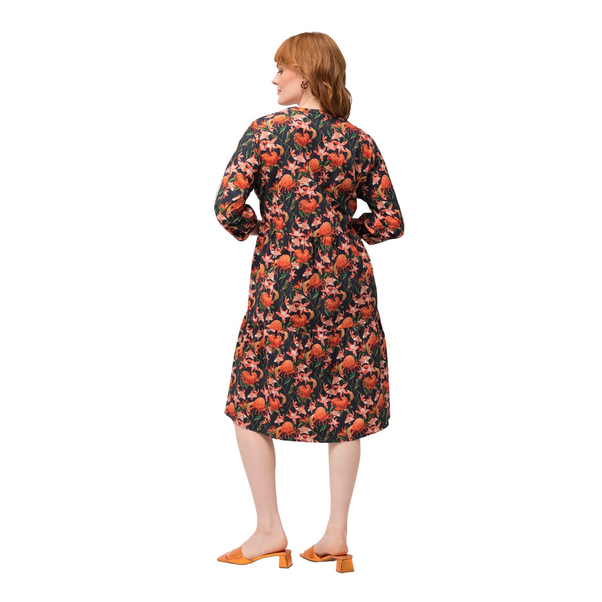 Robe tunique, magnolias, coupe évasée, col V marine, ULLA POPKEN