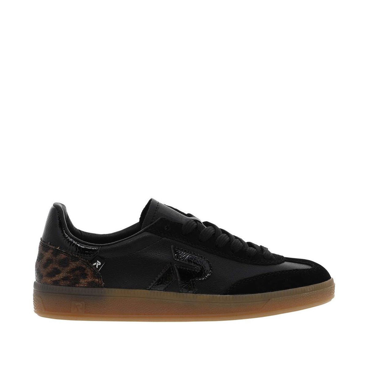 Tennis en cuir noires avec empiècement motif léopard brillant noires, RIEKER