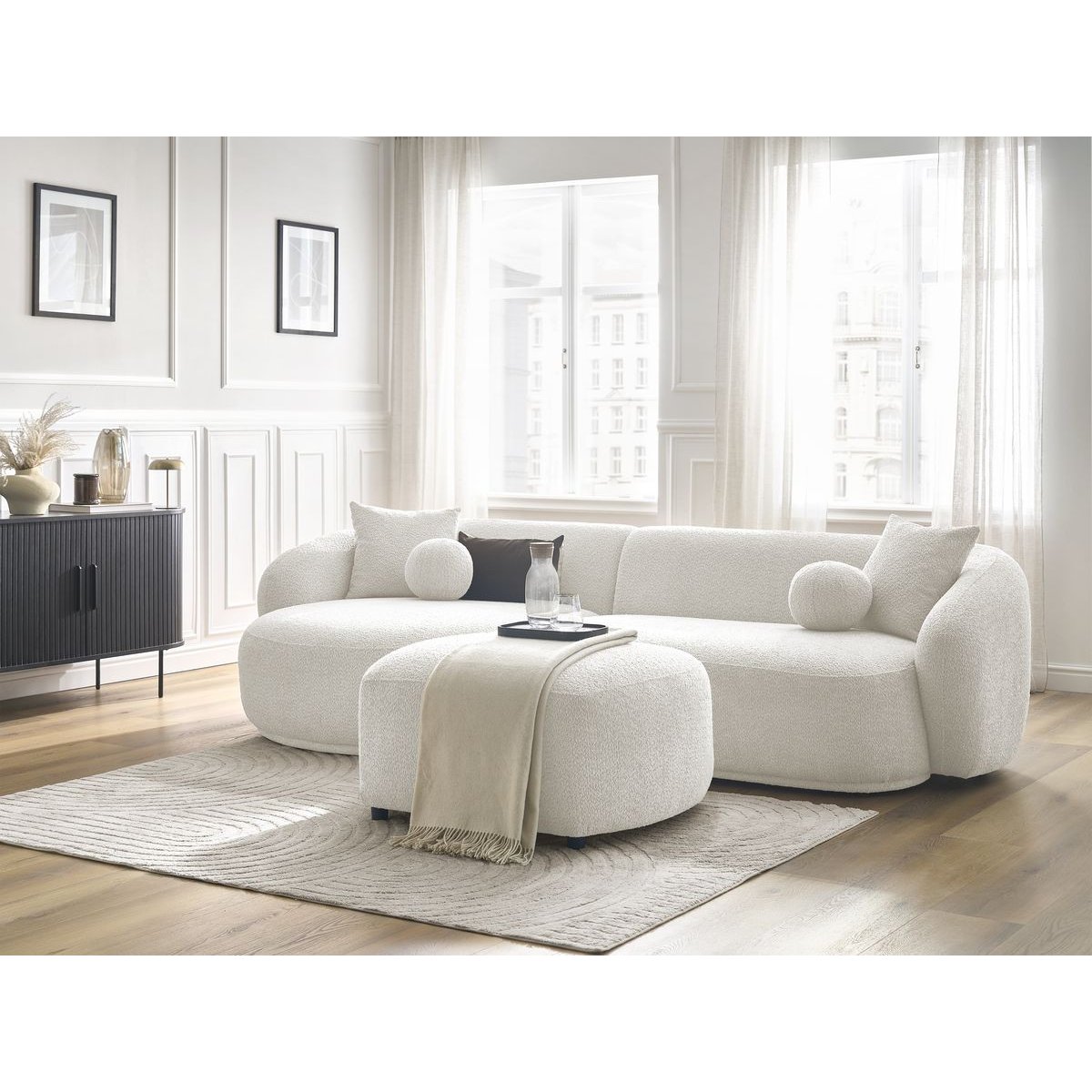 Canapé d'angle fixe 4 places en tissu bouclette avec pouf, ASHLEY blanc, BOBOCHIC