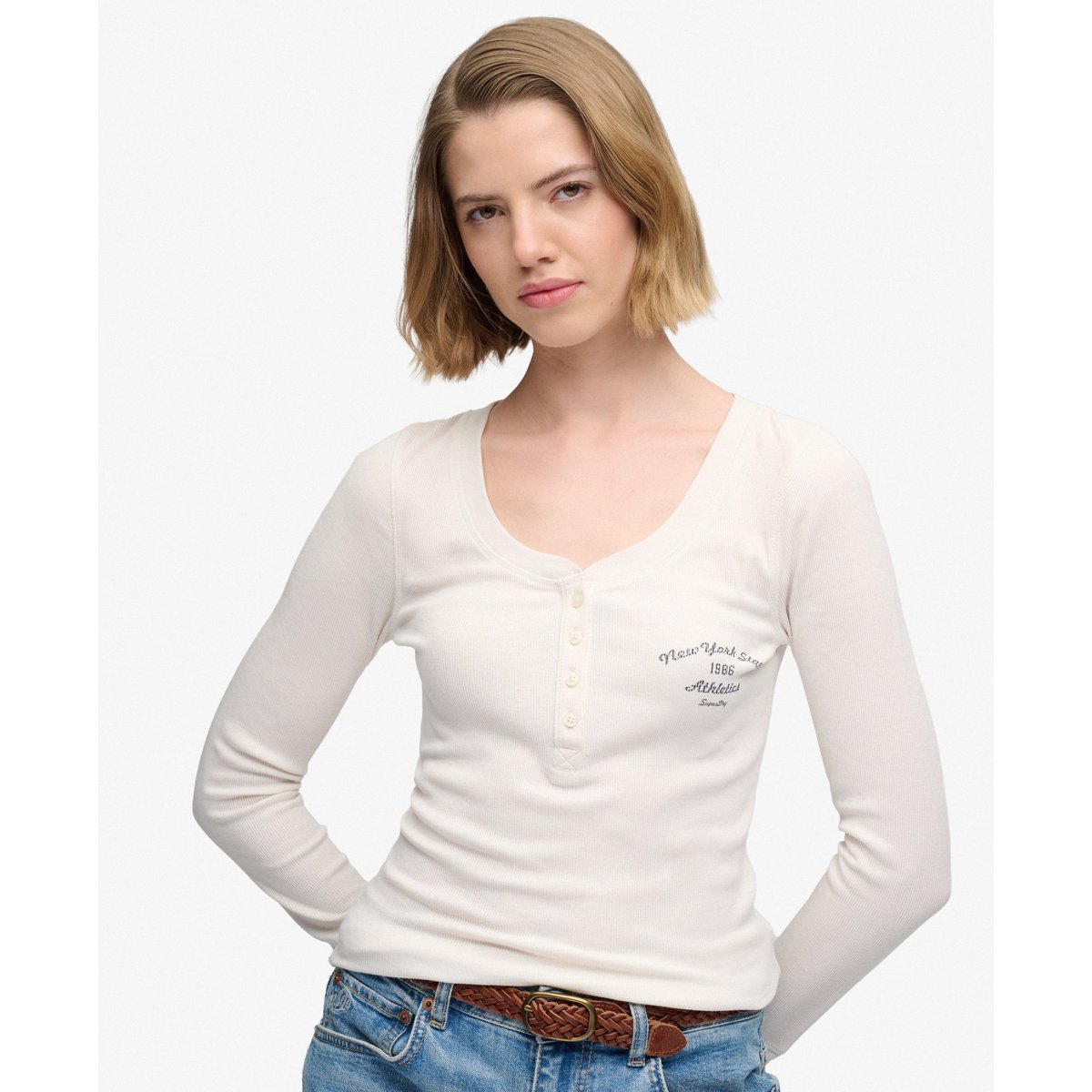Haut à manches longues Athletic à boutons blanc cassé os du désert, SUPERDRY