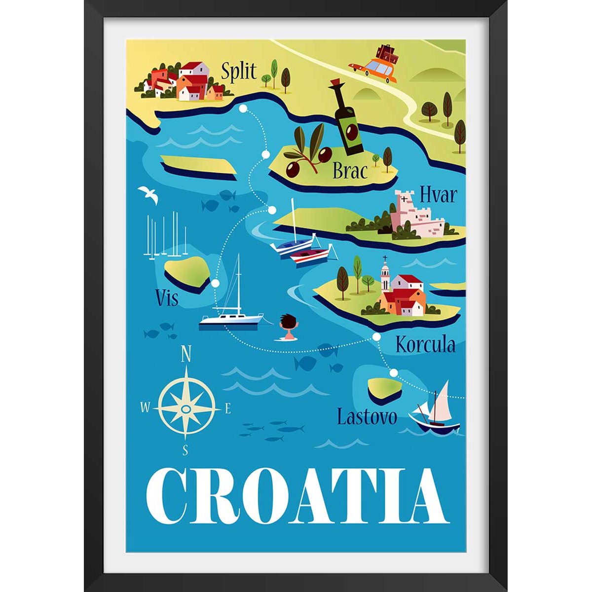 Poster de les iles de croatie affiche + cadre en bois - noir, HEXOA