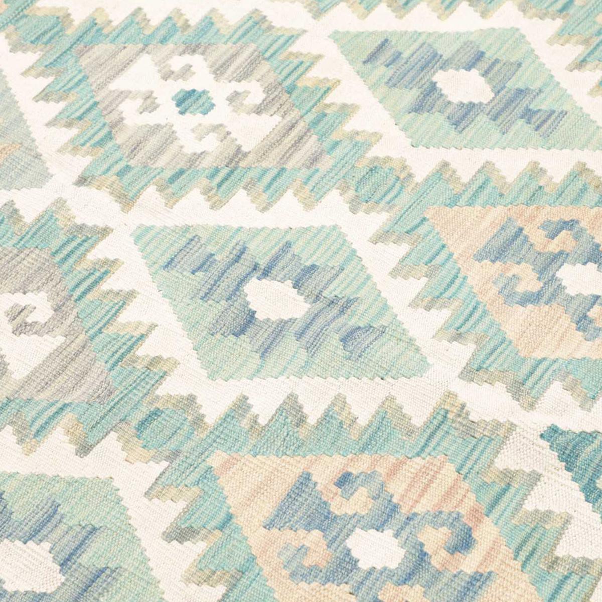 Tapis kilim, motif géométrique authentique, tissé à plat, KILIM 62 bleu, beige, crème, UN AMOUR DE TAPIS