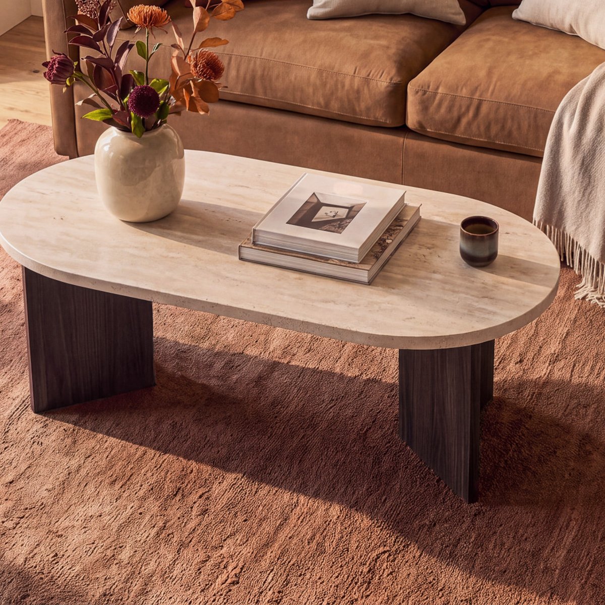 Table basse ovale en bois et effet travertin- CALIAN beige, DRAWER