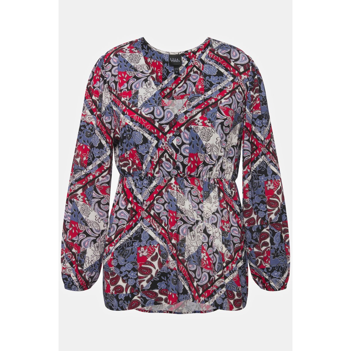 Blouse motif patchwork. Décolleté en V et marine, ULLA POPKEN