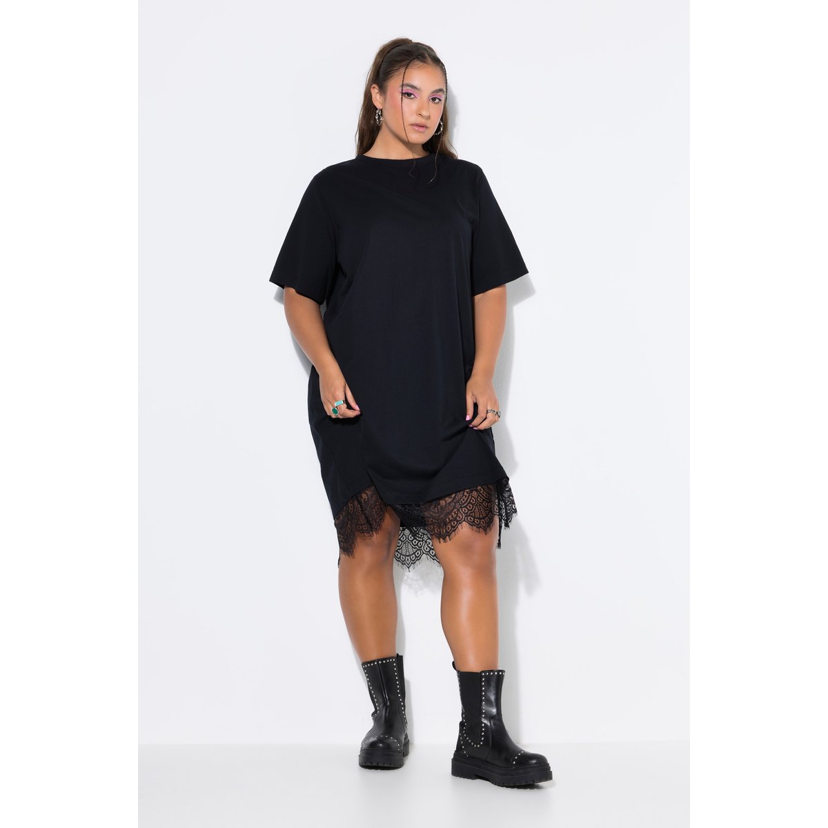 Robe chemise, ourlet en dentelle asymétrique noir, STUDIO UNTOLD