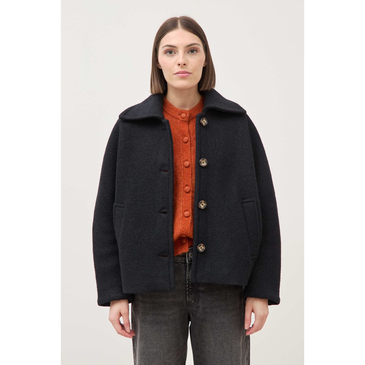 Manteau oversize court col tailleur noir, BONOBO