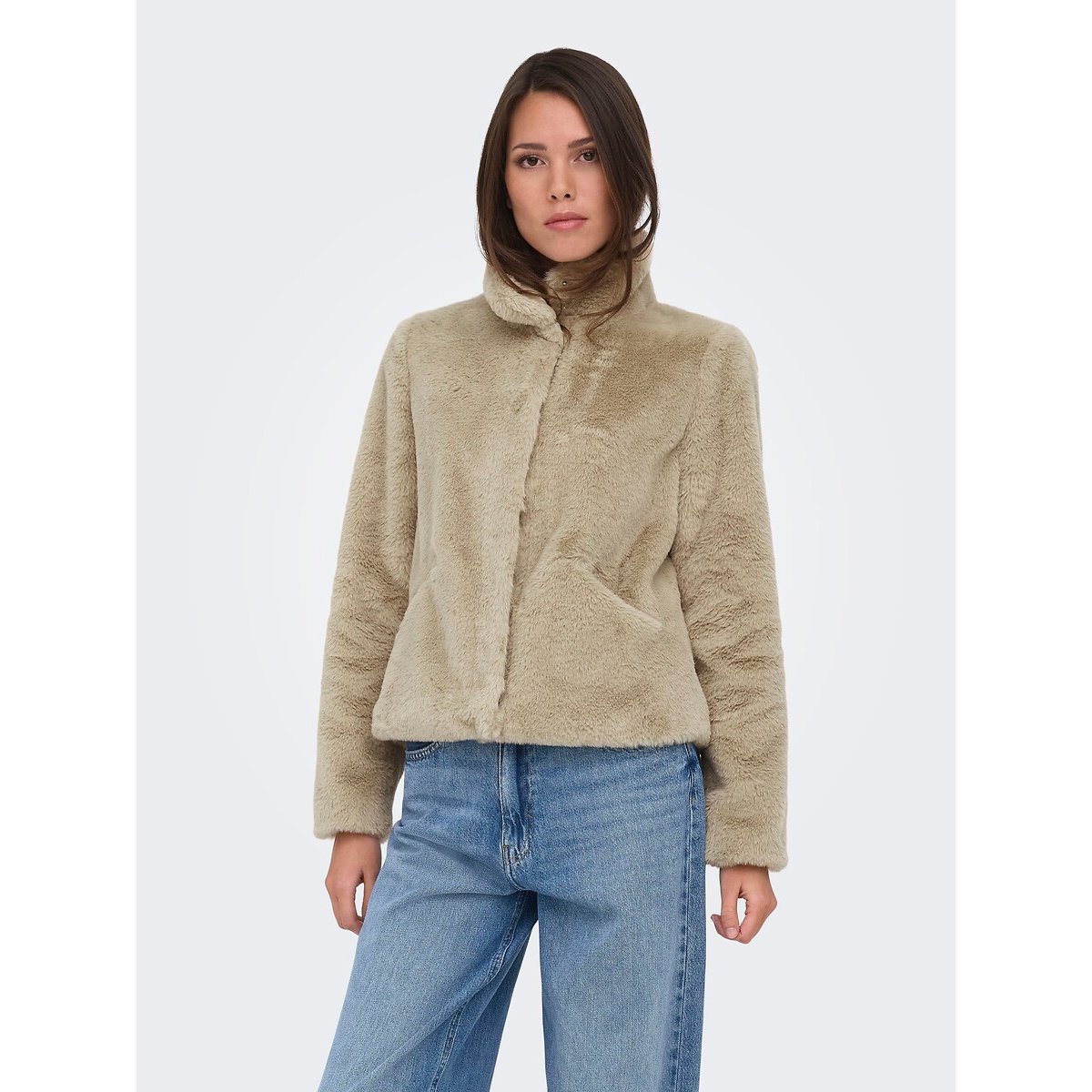 Manteau court en tissu duveteux beige, ONLY