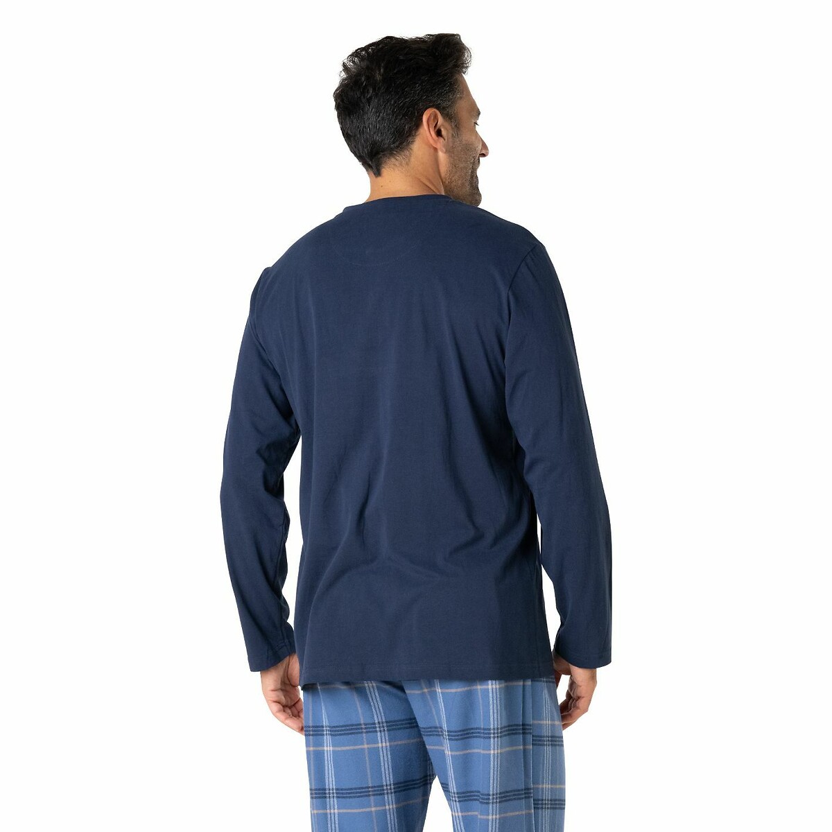 Pyjamas with Cotton Grandad Top and Flannel Bottoms navy blue/checked, EMINENCE