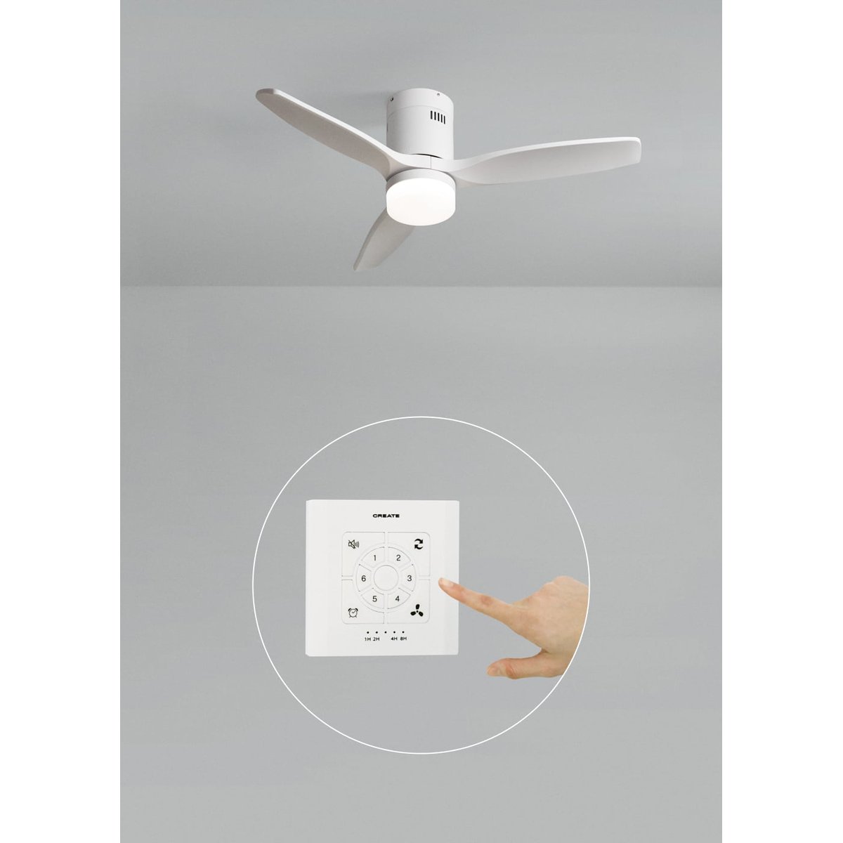 Ventilateur de plafond 40W avec lumière et contrôleur mural WIND CALM NATURAL WOOD blanc/blanc, CREATE