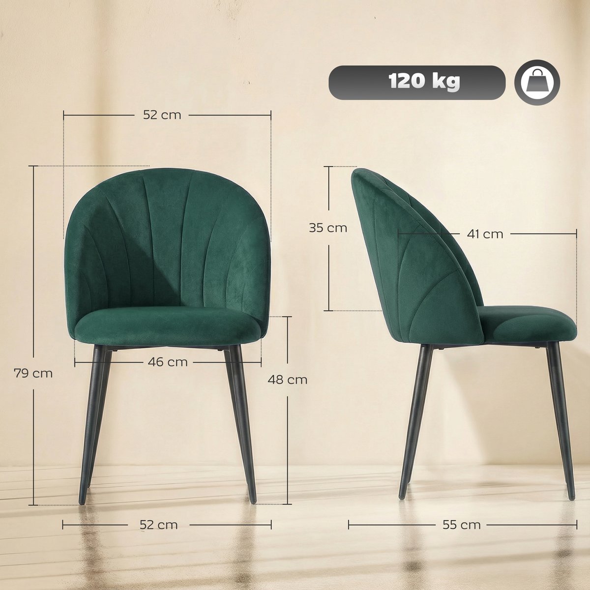 Chaise de salle à manger Velours (100 % vert foncé, noir, HOMCOM