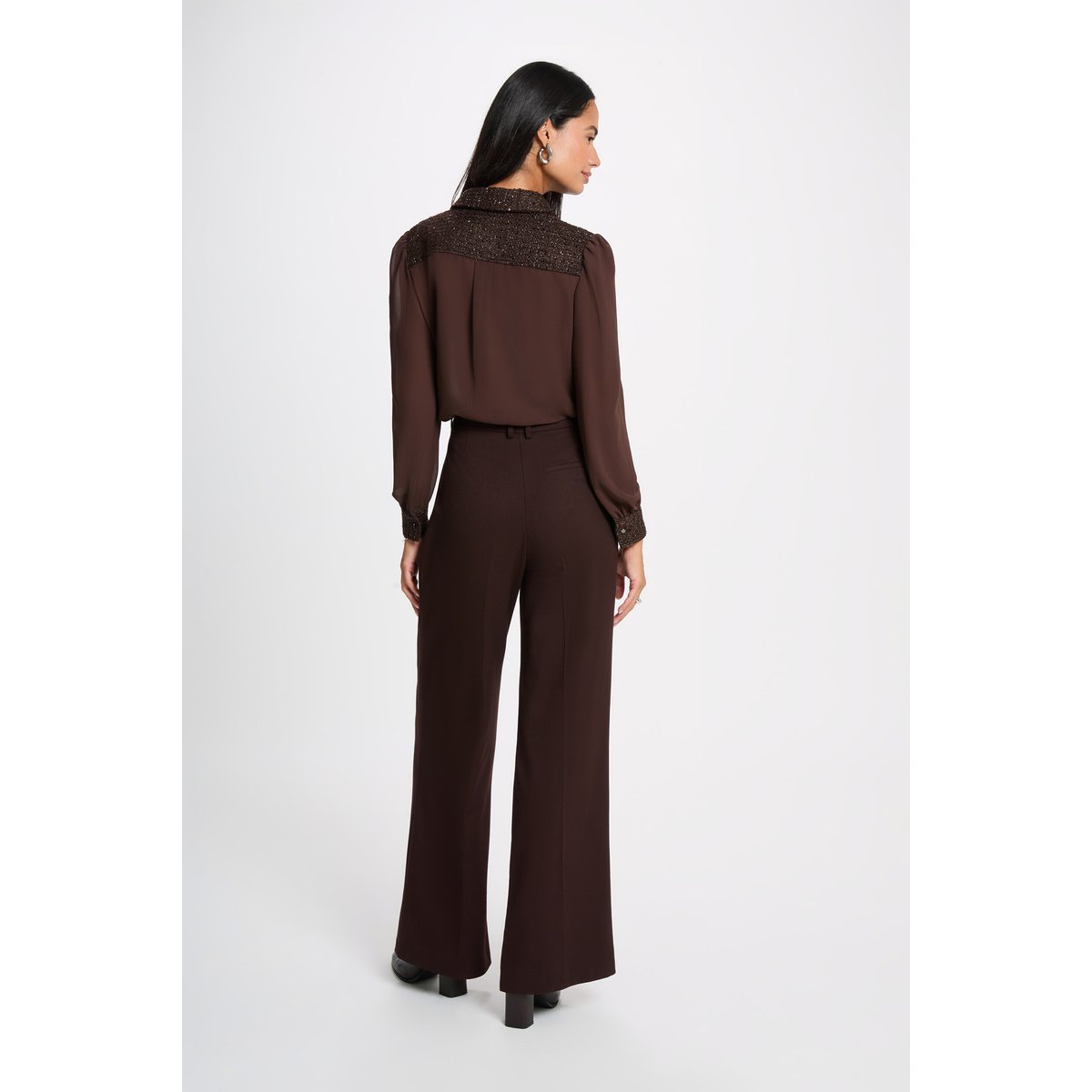 Chemise tweed col à revers marron foncé, MORGAN