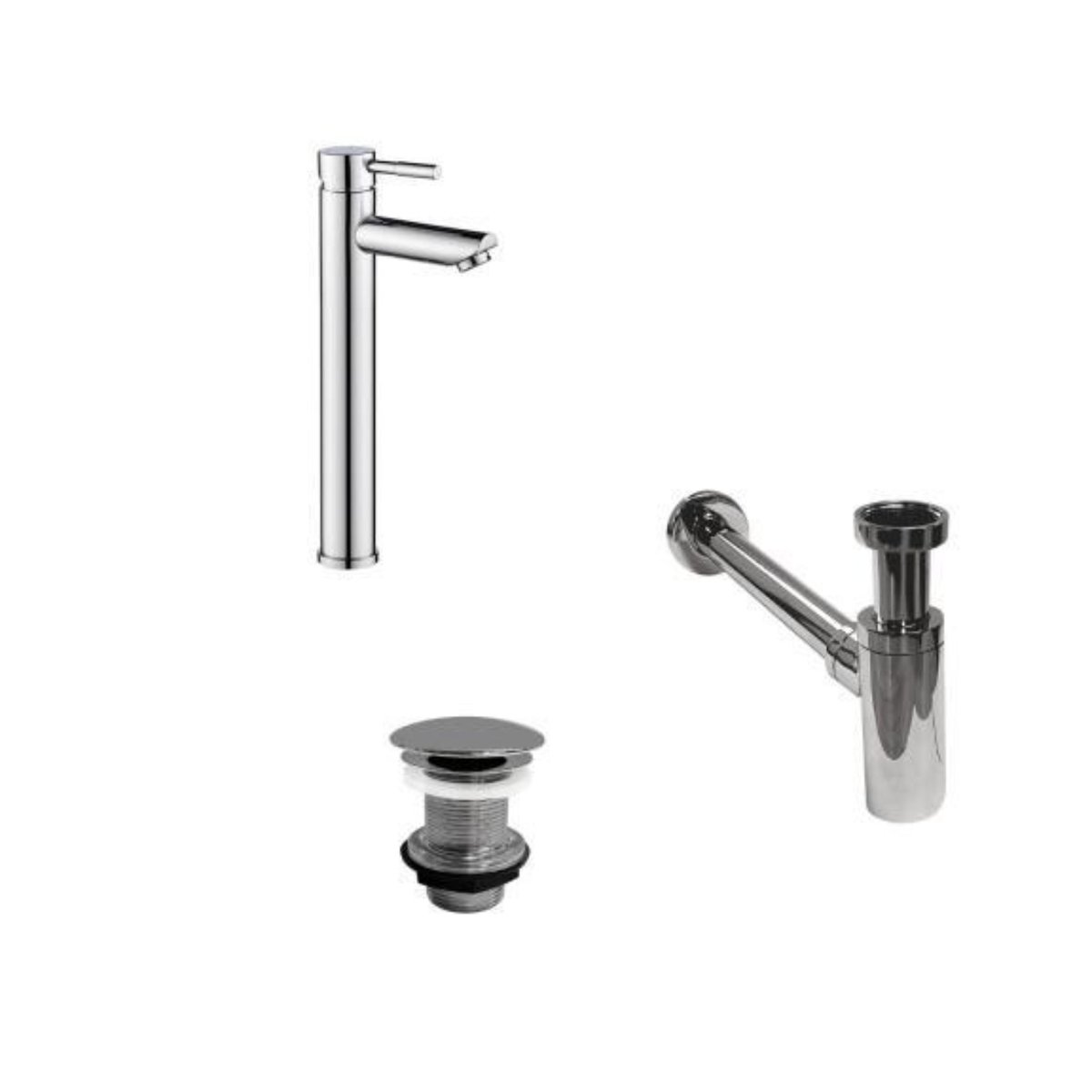 Robinet bec haut TAP + bonde LIV + siphon SIMON chromé, MOB IN