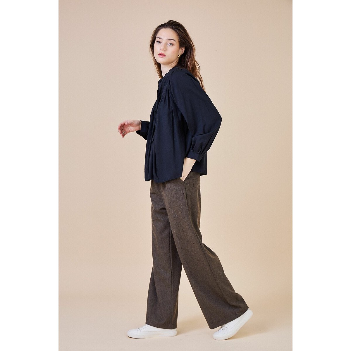 Mandarin Collar Blouse with Button Fastening black, SEE U SOON