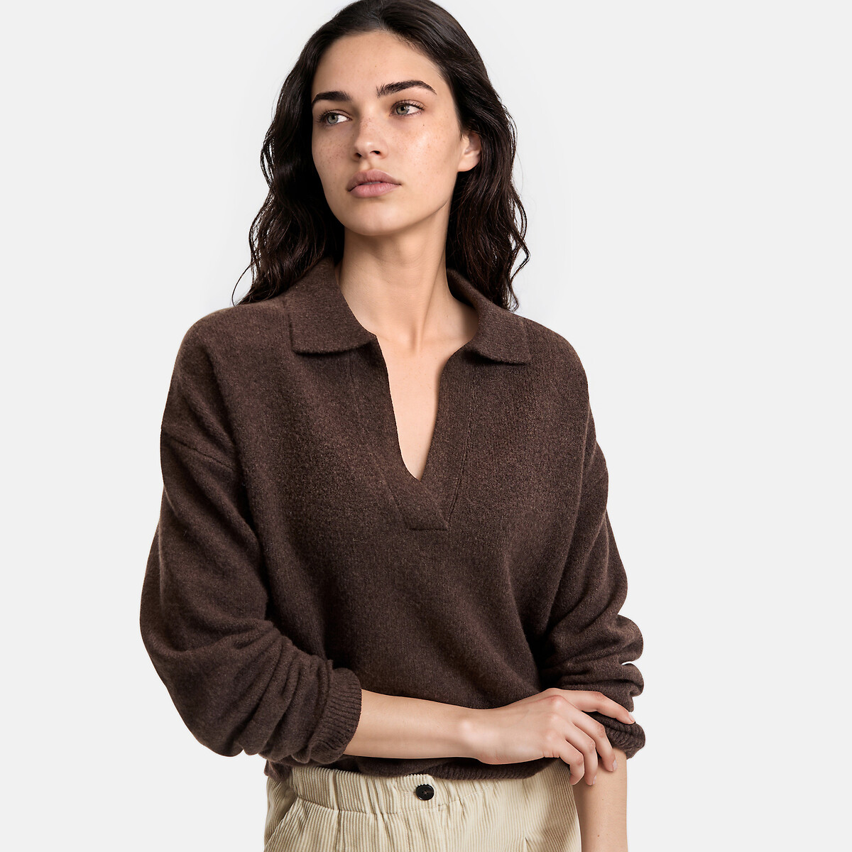 Pull col polo ample marron, LA REDOUTE COLLECTIONS