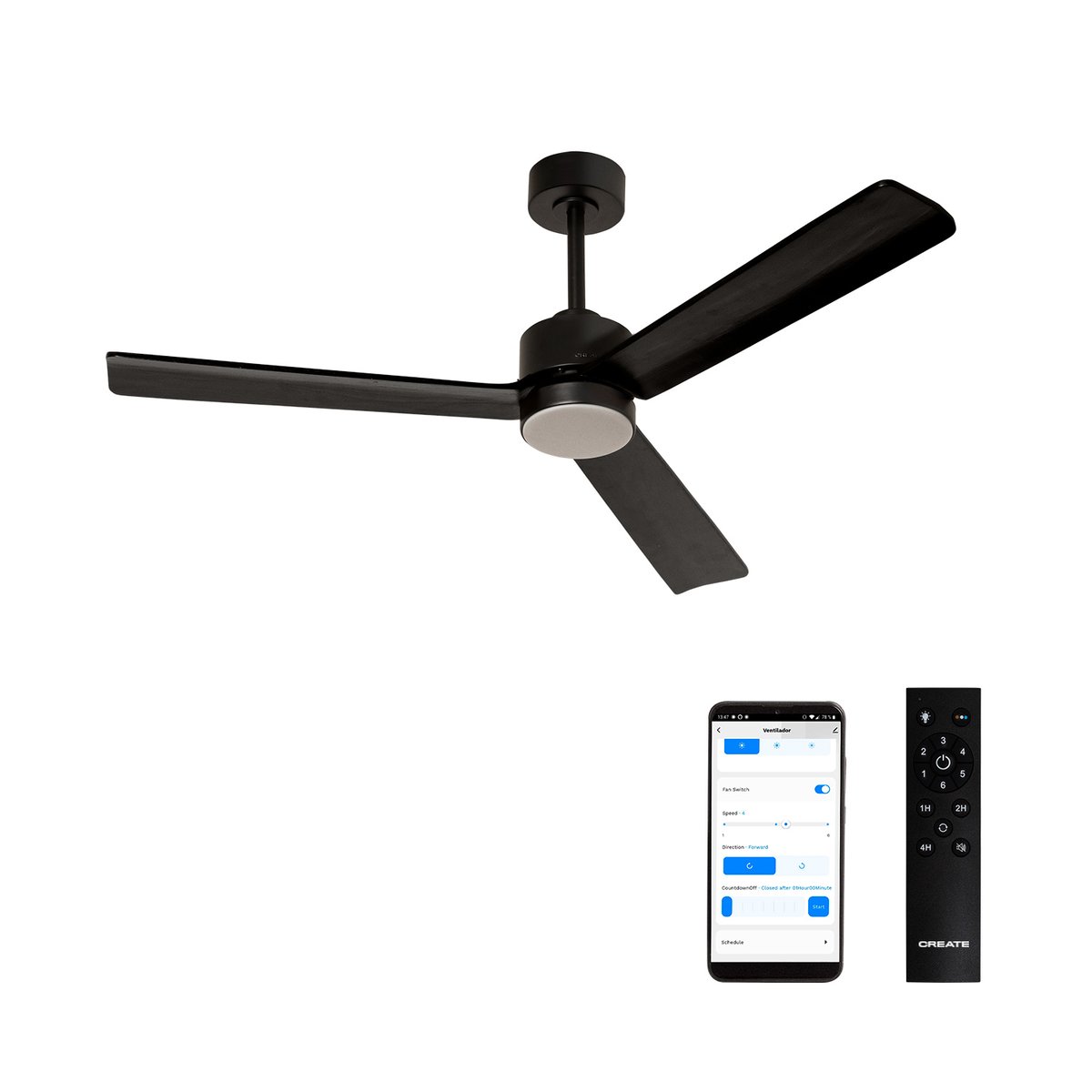 Ventilateurde plafond 40W avec lumière LED et Wi-Fi WIND MODERN noir/noir, CREATE