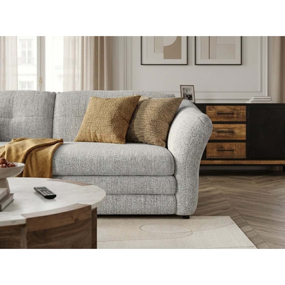 Canapé d'angle fixe 4 places en tissu chiné, MARBLE gris, BOBOCHIC
