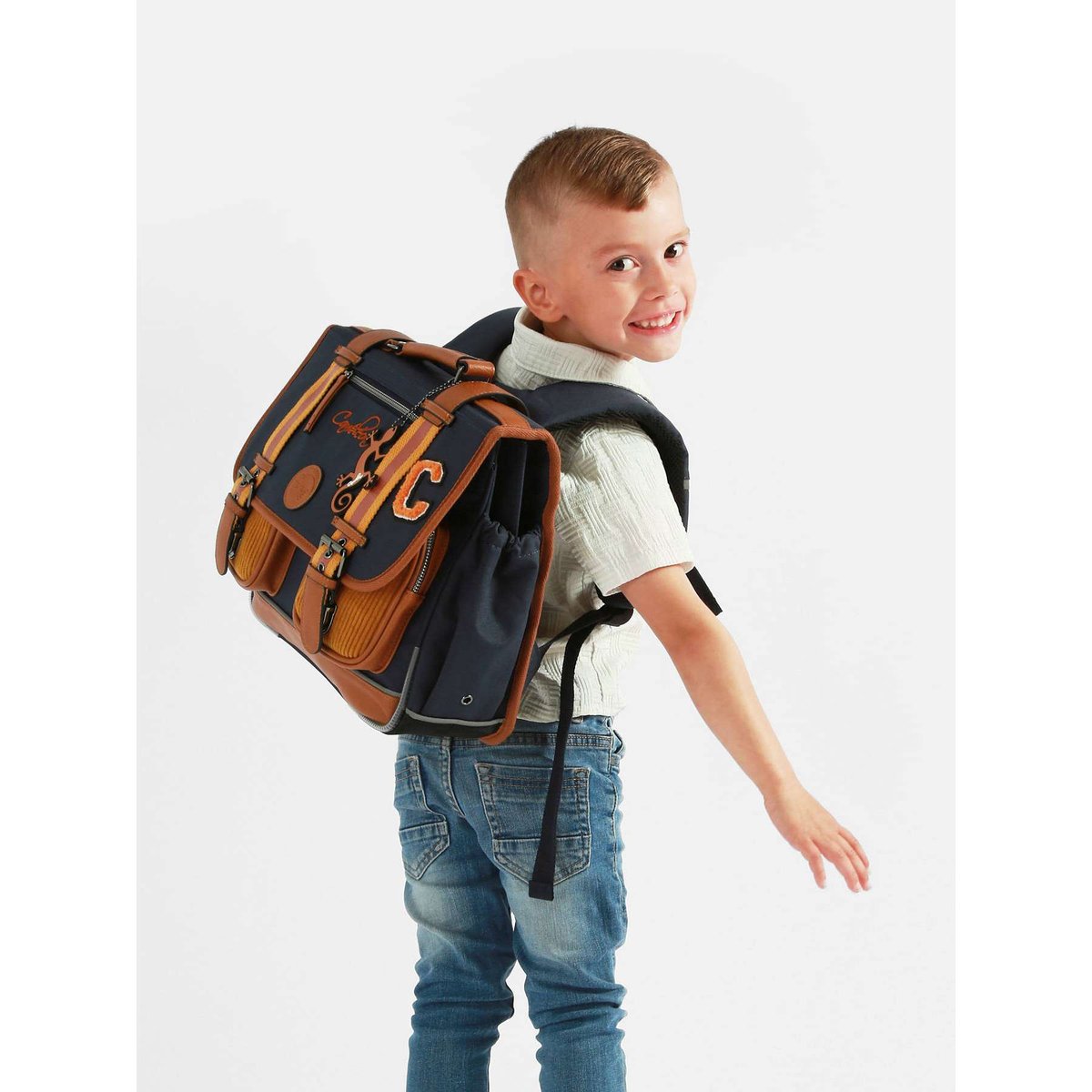 Cartable enfant 2 compartiments mustard badges, CAMELEON