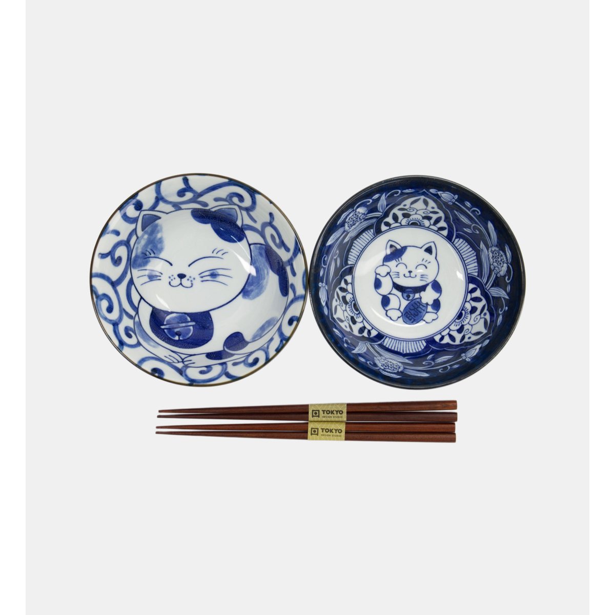 Coffret de 2 bols tayo et 2 paires de baguettes - chat bleu et blanc, TOKYO DESIGN STUDIO
