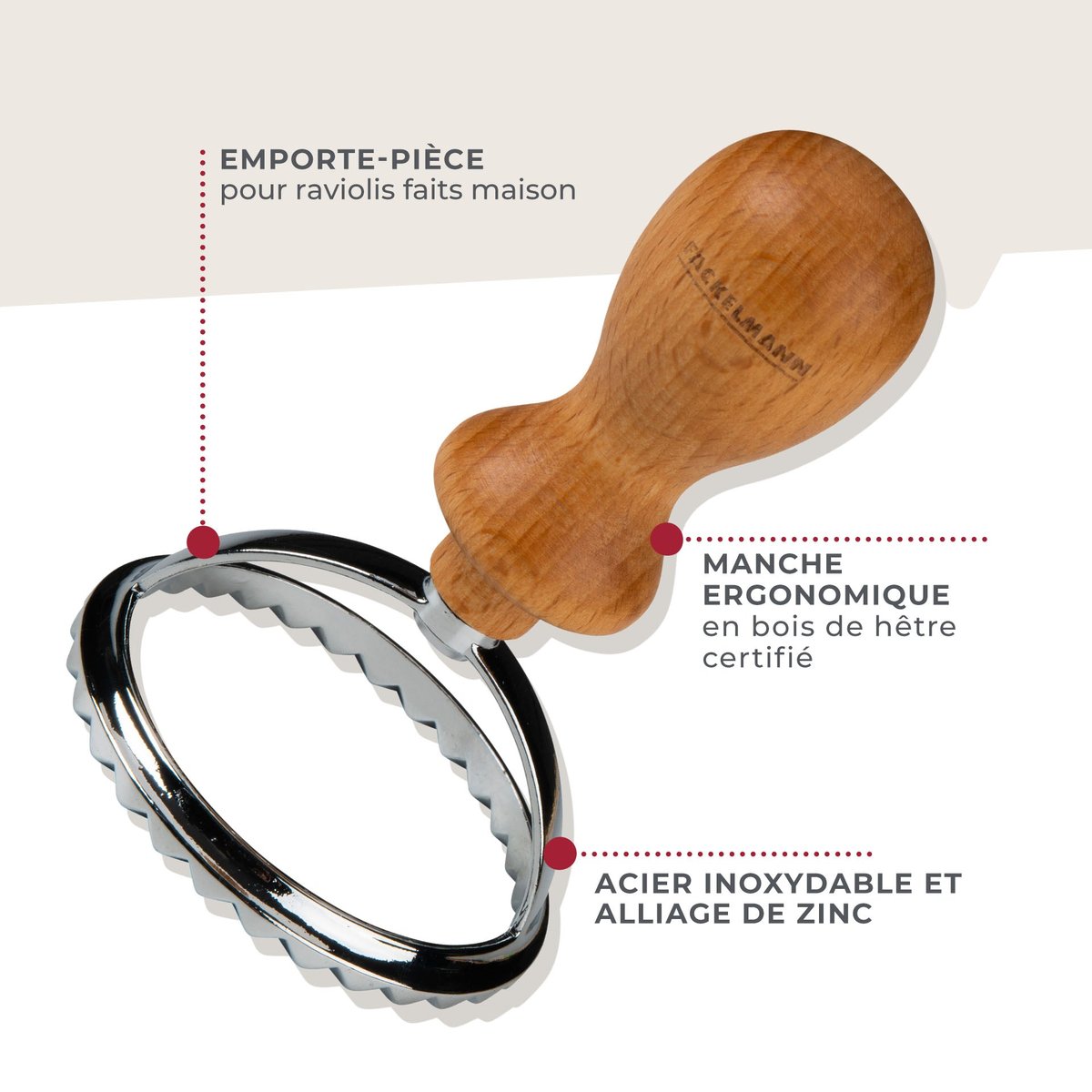 Emporte-pièce ravioli rond et cannelé bois brun, FACKELMANN
