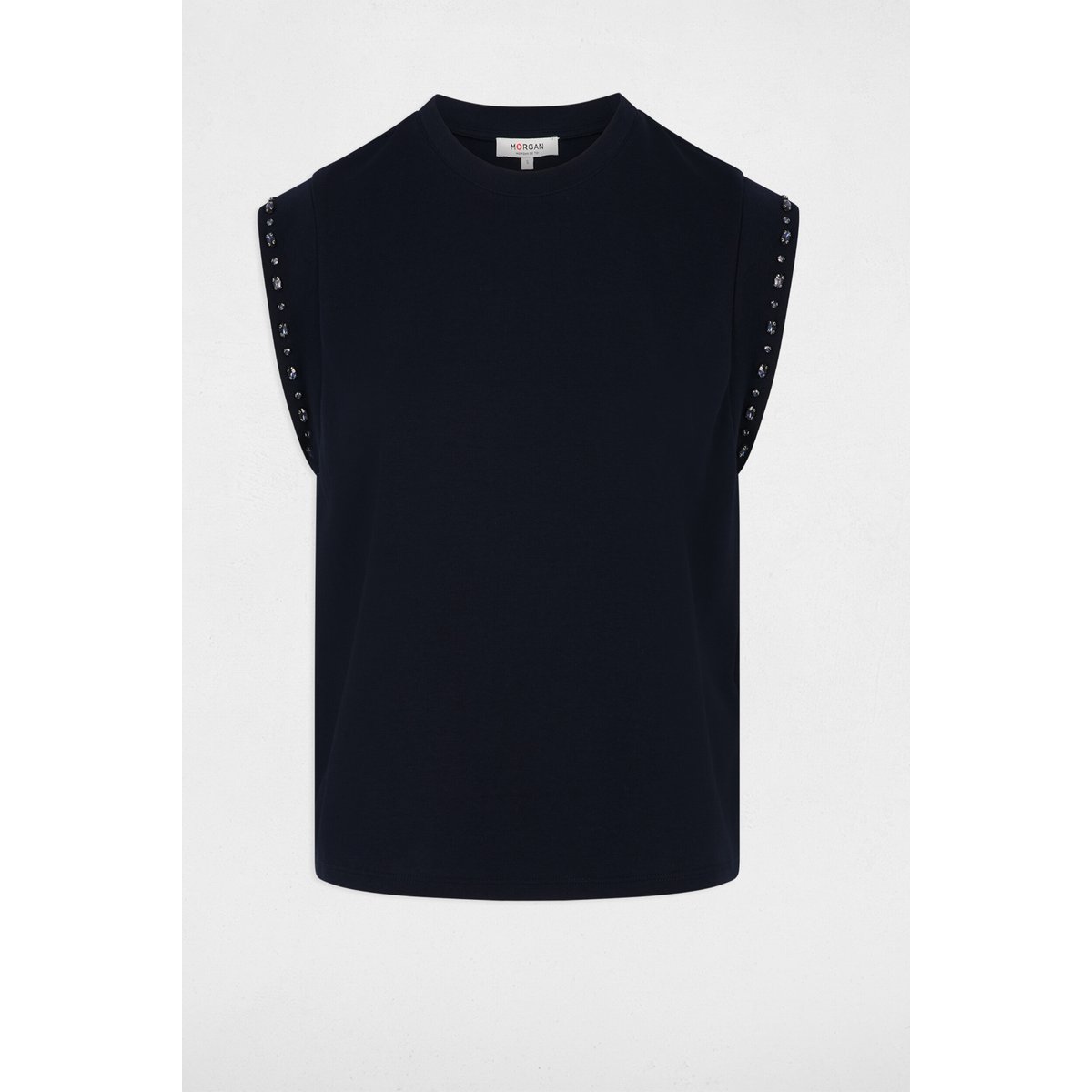 T-shirt col rond strass bleu marine, MORGAN