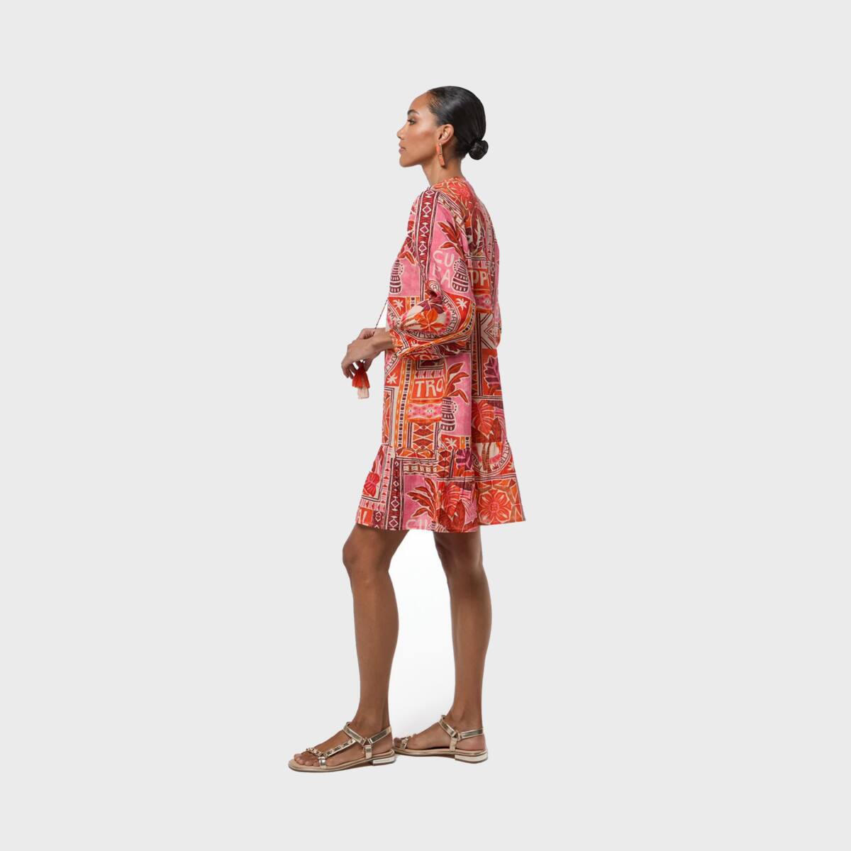 Robe courte imprimée à manches longues avec lien pompon corail, LOLA CASADEMUNT