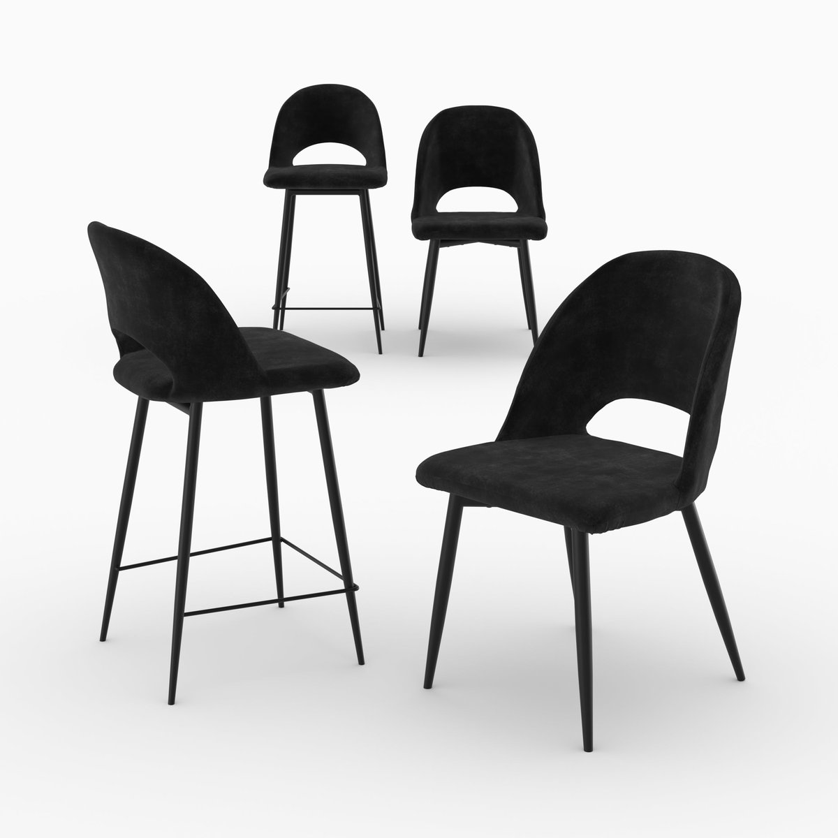 Pack 2 chaises et 2 chaises de bar 65 cm en velours - PÉNÉLOPE noir, MAISON PAVANE