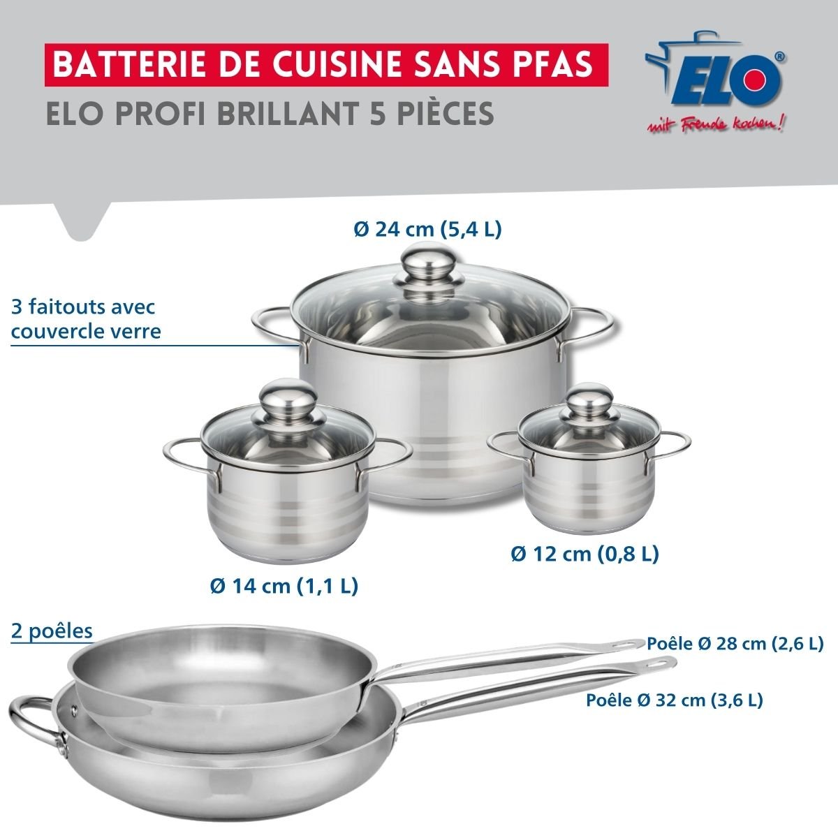 Batterie 2 poêles 28/32cm + 3 faitouts 12/14/24cm PROFI BRILLANT inox, ELO