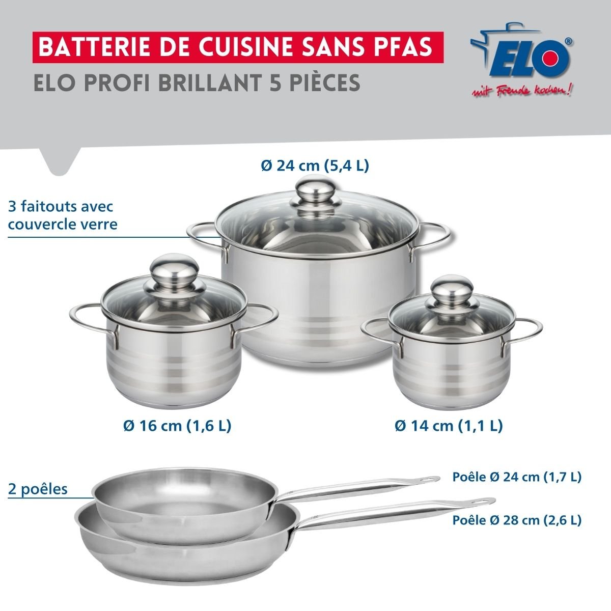 Batterie 2 poêles 24/28cm + 3 faitouts 14/16/24cm PROFI BRILLANT gris, ELO