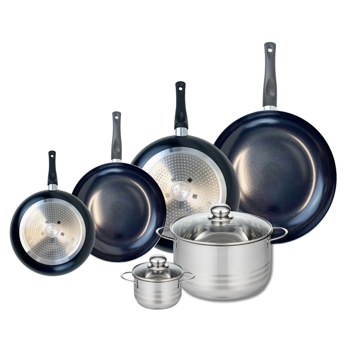 4 poêles 20/24/28/32cm + 2 faitouts 12/24cm PRIMA BRILLANT noir, ELO