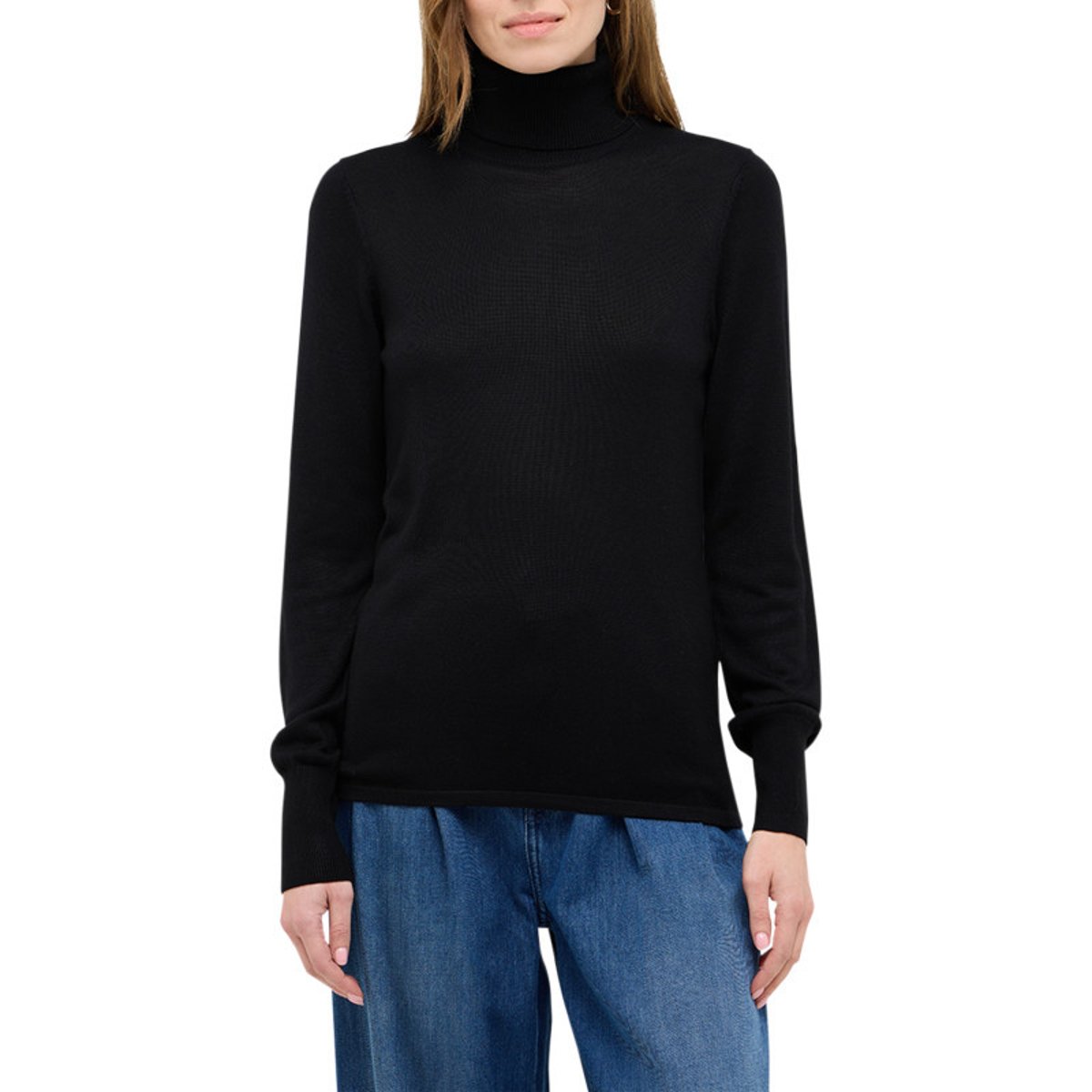 Pull noir uni avec un col roulé côtelé et des manches longues noir, MUSTANG