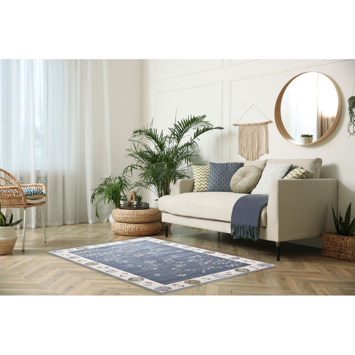 Tapis tissé avec bordure et motif floral avec effet brillant - Cherina bleu clair, GINO FALCONE