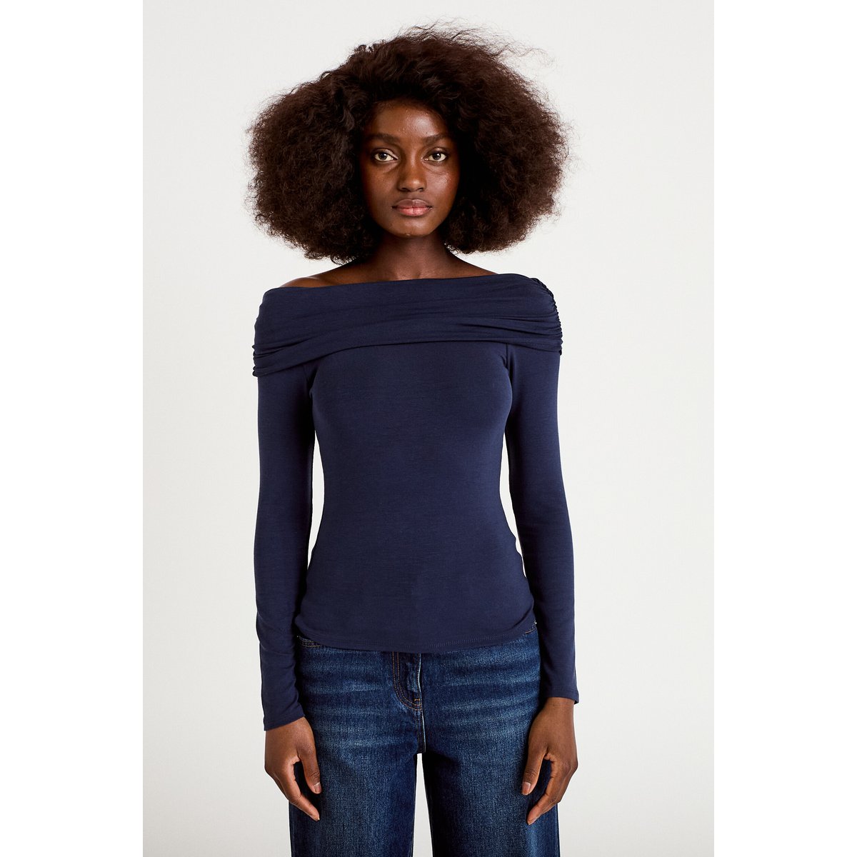 T-shirt col bardot manches longues bleu marine, CACHE CACHE