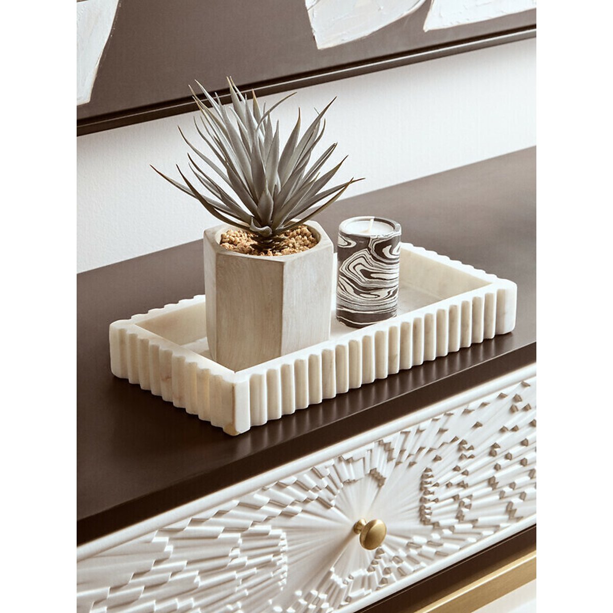 White Marble Fluted Rectangular Tray white, FIFTY FIVE SOUTH