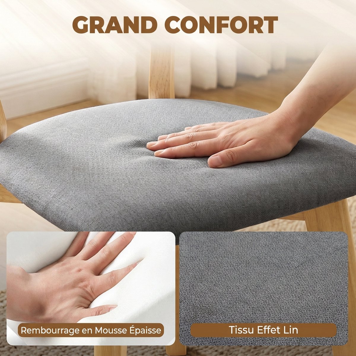 Chaise de salle à manger Tissu effet lin (100 gris et bois naturel, HOMCOM
