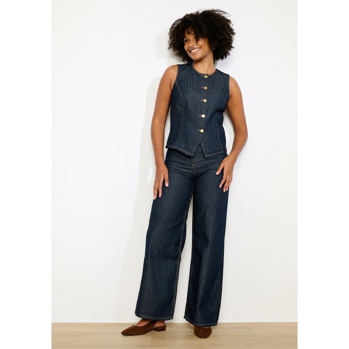 Gilet en denim à rayures fines dark blue, LOLALIZA
