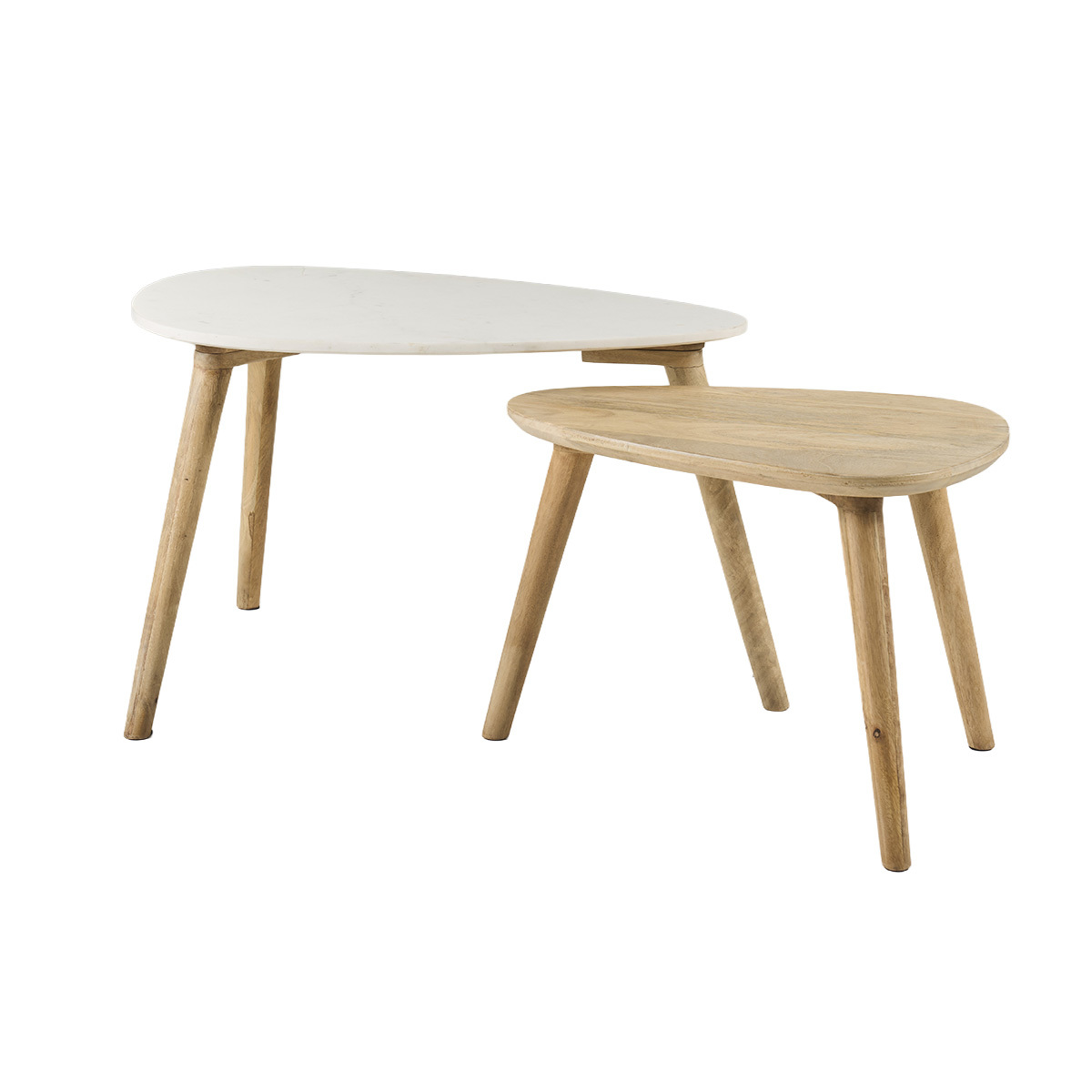 Tables basses gigognes marbre blanc et bois manguier massif (lot de 2) EVY naturel, MILIBOO