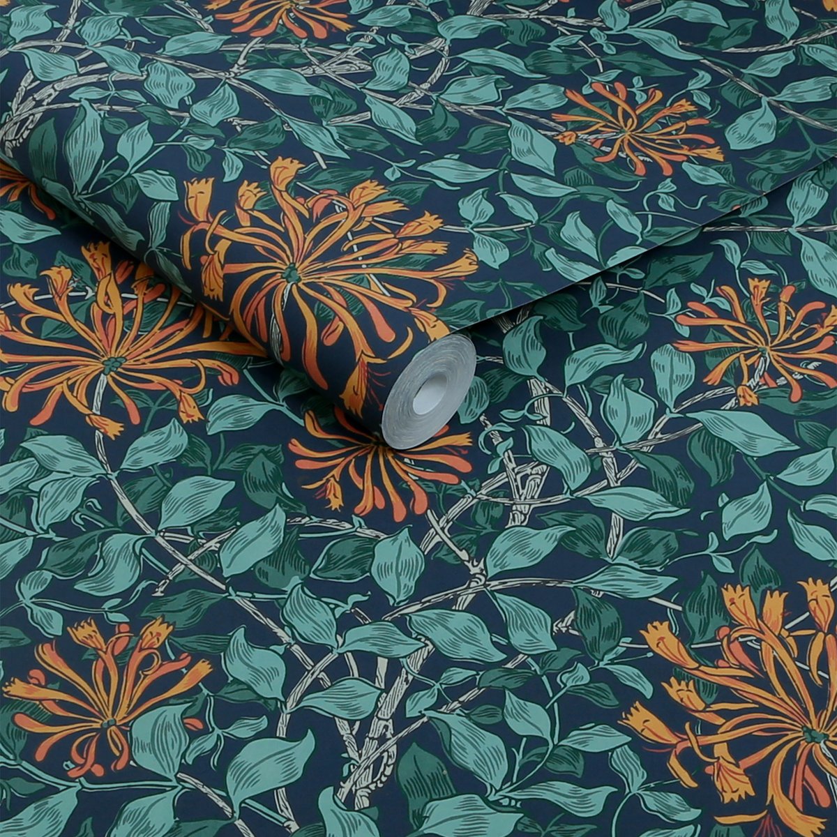 Papier peint Fleurs de chèvrefeuille du soir orange, vert, bleu, WILLIAM MORRIS AT HOME