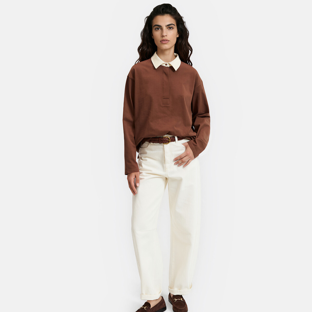 T-shirt collo polo, maniche lunghe marrone, LA REDOUTE COLLECTIONS