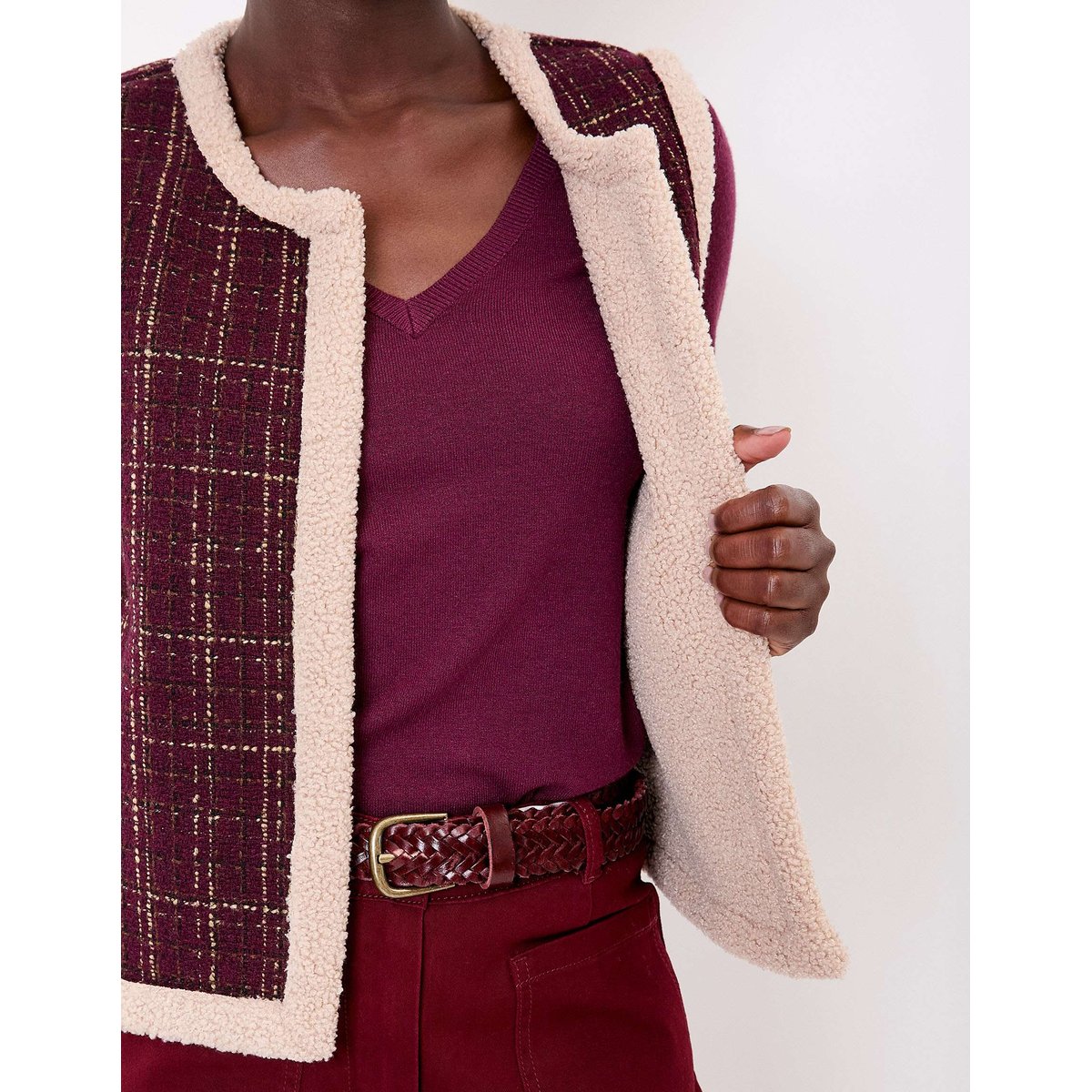 Gilet réversible sherpa et à motifs RISI rouge bordeaux kilt, LA FIANCÉE