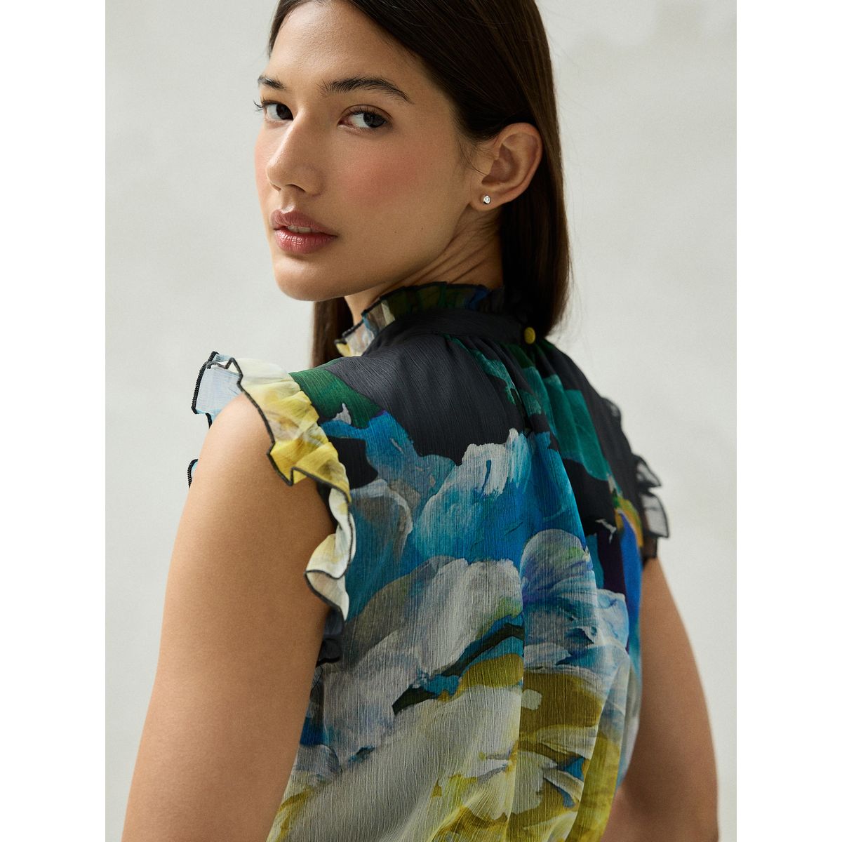 Robe de cérémonie longue imprimée à volants imprimé floral bleu marine, NEXT