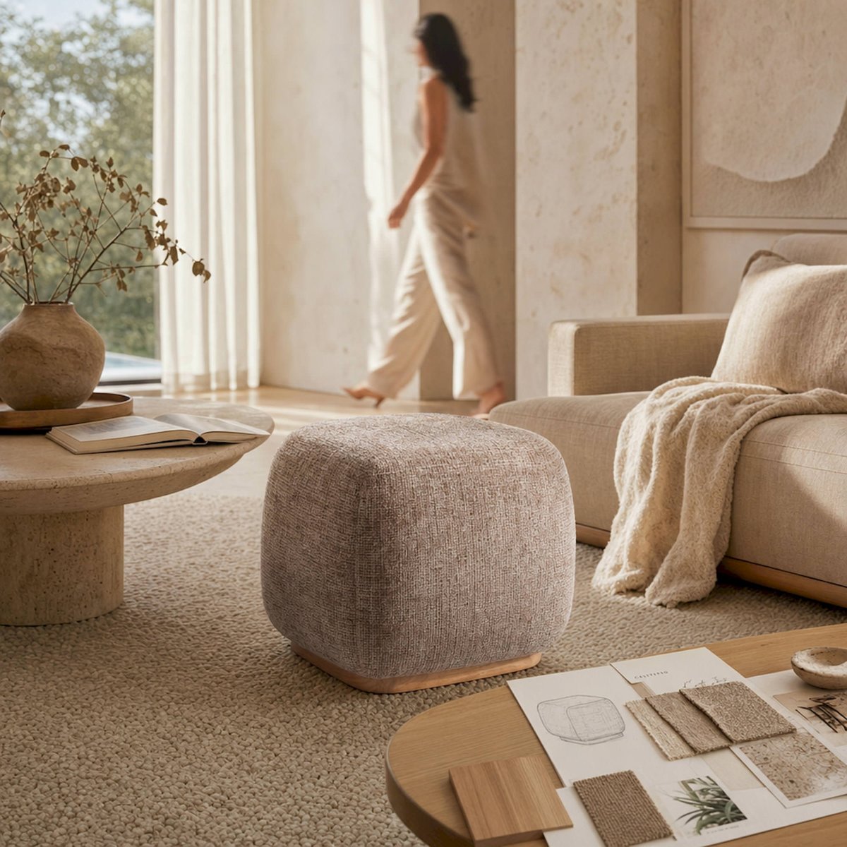 Pouf repose-pieds contemporain taupe et bois clair, RECOLLECTION
