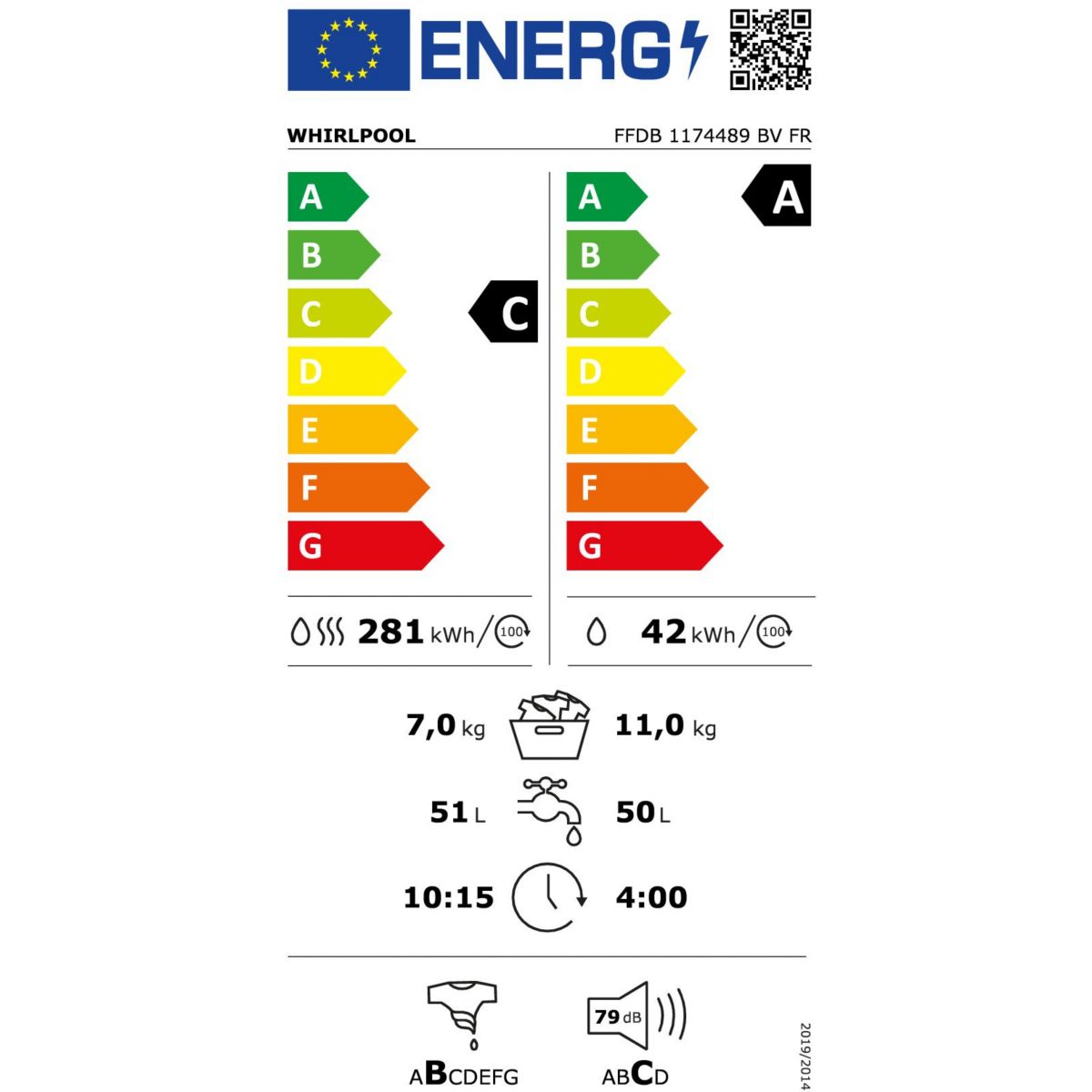 Lave linge séchant hublot FFDB1174489BVFR - 11/7 kg - 1400 tr/min - Classe C - Moteur induction couleur unique, WHIRLPOOL