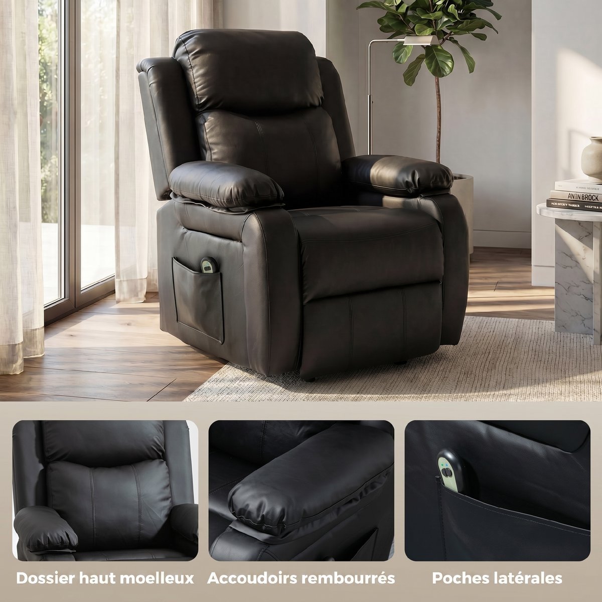 Fauteuil releveur électrique PU Noir noir, HOMCOM