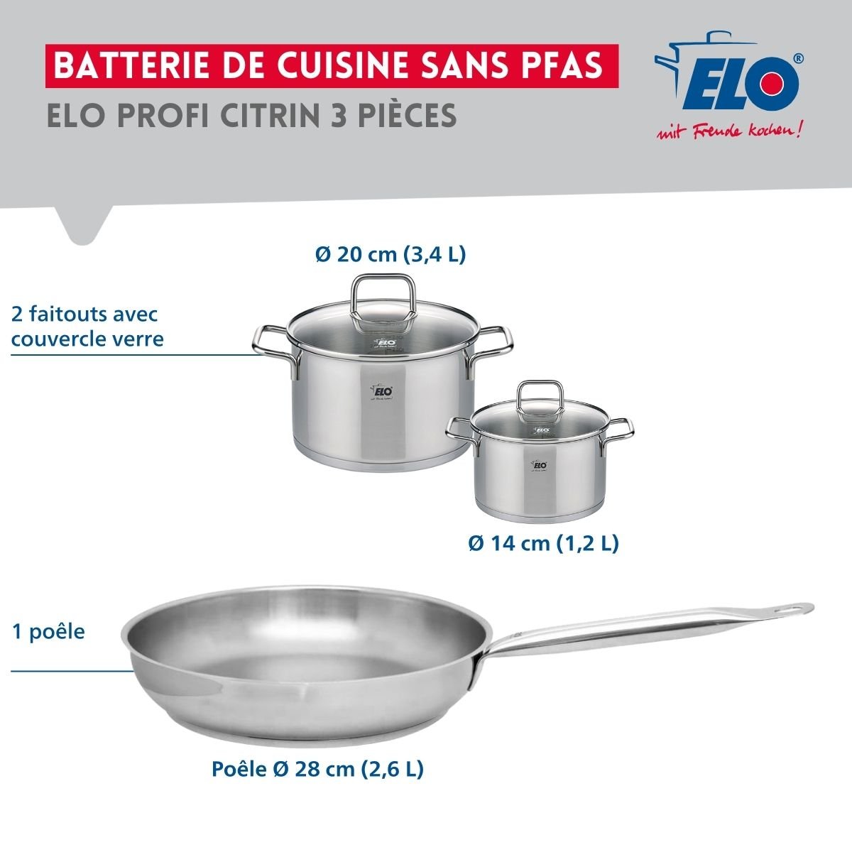 Batterie 1 poêle 28cm + 2 faitouts 14/20cm PROFI CITRIN inox, ELO